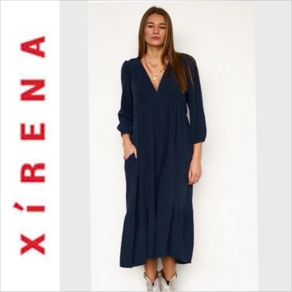 XiRENA North Star Ella Cotton Gauze V-neck Boho Pockets Midi Dress M - Picture 1 of 8